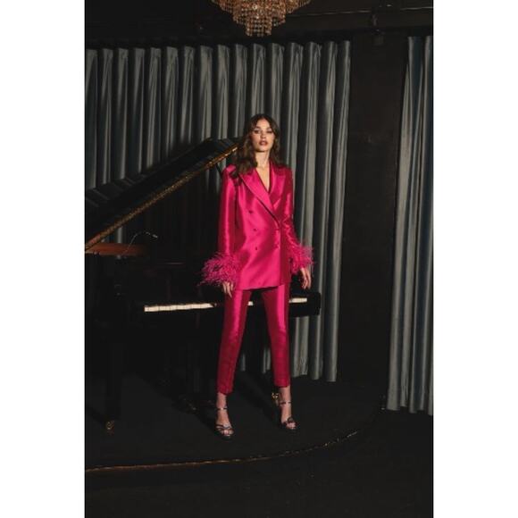 Kaoa Pink Fushia Feathers Cuff Blazer Jacket Satin M/L - Picture 1 of 5